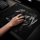 Vista superior do Mouse Pad Control Gamer Justice V3 preto com arte ilustrativa em branco e preto de uma figura feminina. Sobre o mouse pad, uma mão direita segura e move um mouse gamer preto sem fio. Um teclado mecânico preto está visível no canto superior esquerdo da imagem, em uma mesa de madeira escura.