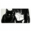 Mouse pad Grande Gamer Menina e Gato estilo anime e mangá, estampa personalizada em preto e branco com ilustração de menina com cicatriz e gato preto. Acessório para setup gamer clean e minimalista. Fundo em branco para dar ênfase ao produto.